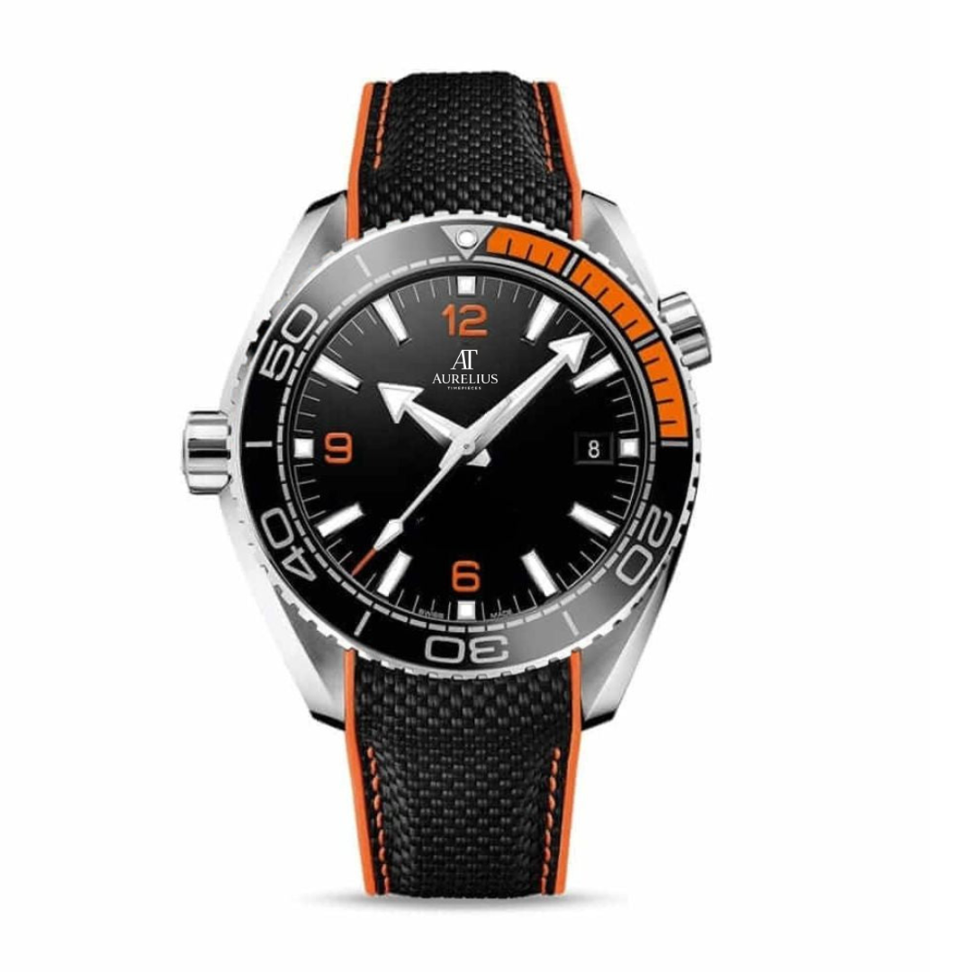 Ocean Diver 43 – Black Dial with Orange Accents | Steel Case & Fabric Strap & Black-Orange Dive Bezel