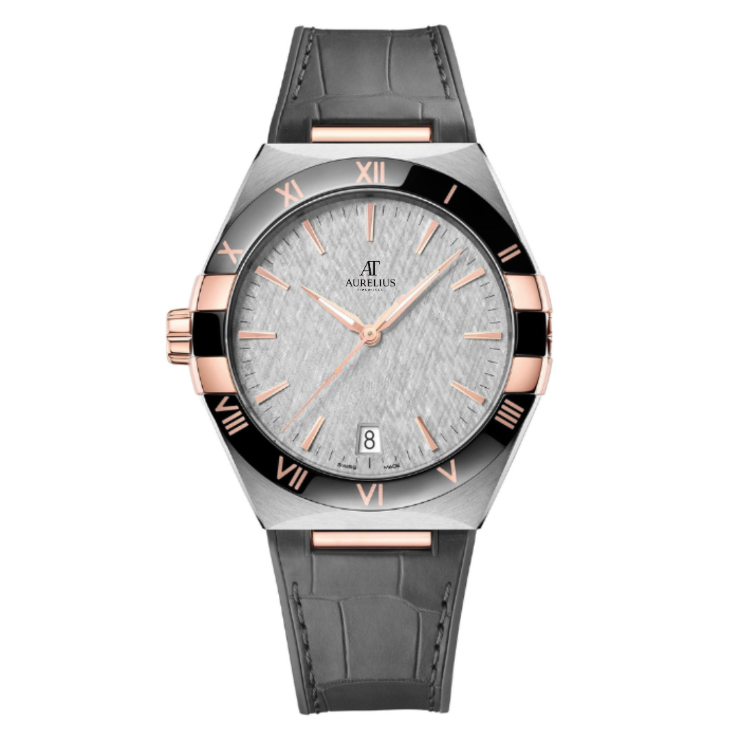 Integrated Classic 41 – Silver Textured Dial | Steel & Gold Tone Case & Leather Strap & Engraved Bezel