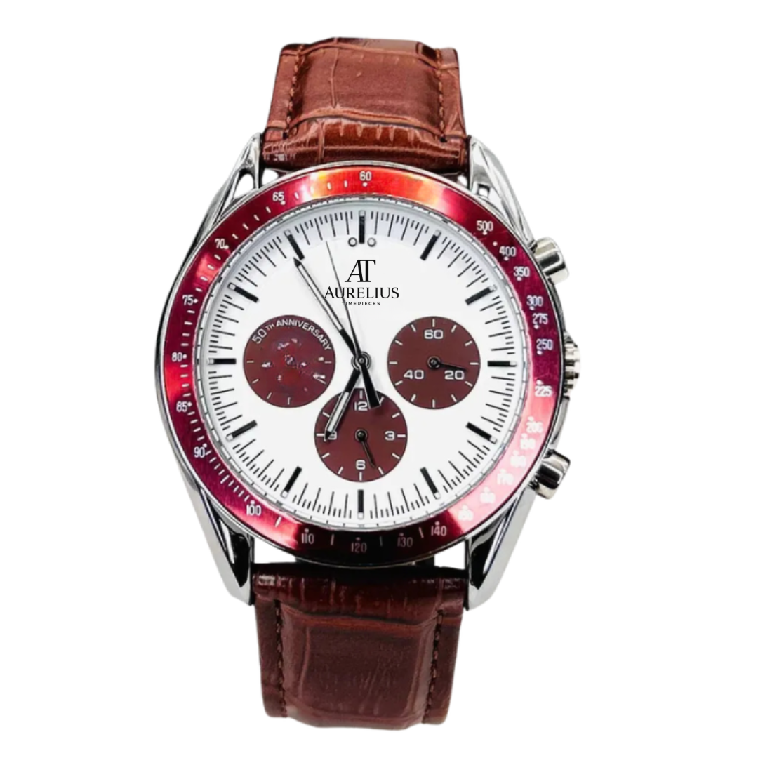 Professional Chronograph 42 – White Dial with Red Subdials | Steel Case & Brown Leather Strap & Red Tachymeter Bezel