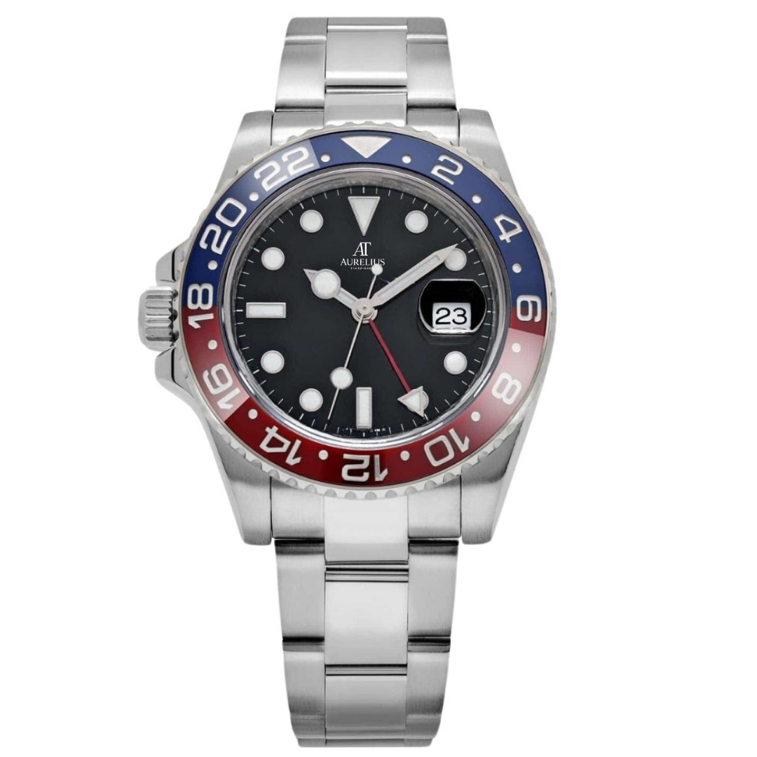 Dual Time 40 – Black Dial | Steel Bracelet & Red-Blue Ceramic Bezel