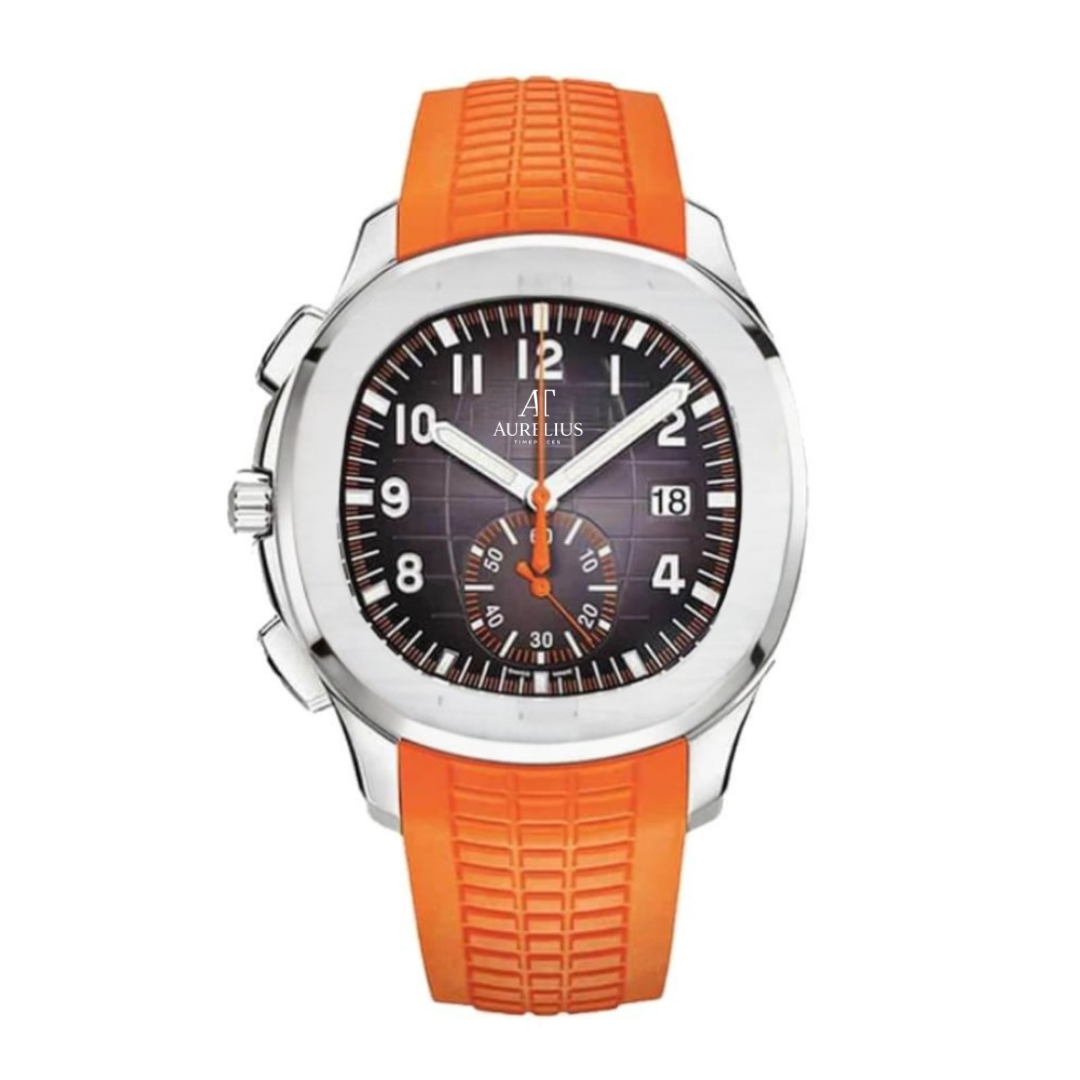 Sport Chronograph 42 – Black Embossed Dial with Orange Accents | Steel Case & Black Rubber Strap
