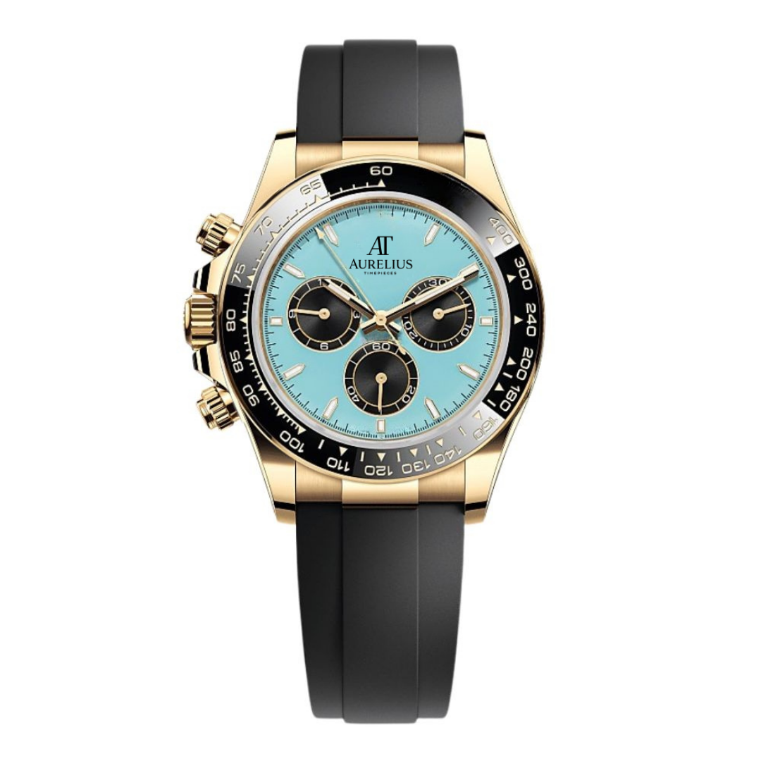 Ocean Chronograph 40 – Turquoise Blue Dial | Gold Tone Case & Black Rubber Strap