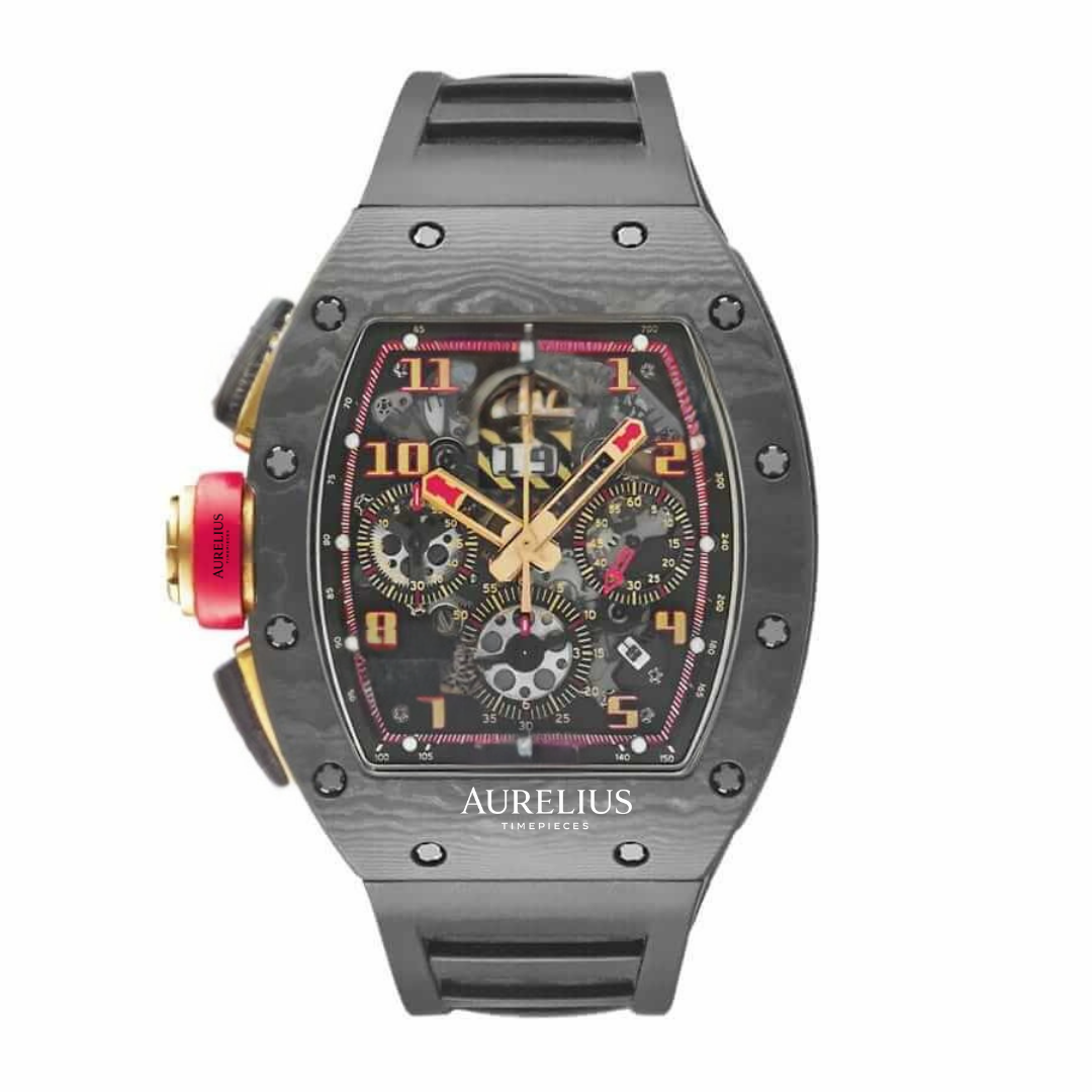 Skeleton Chronograph 44 – Black Dial with Red Accents | Carbon Case & Black Rubber Strap